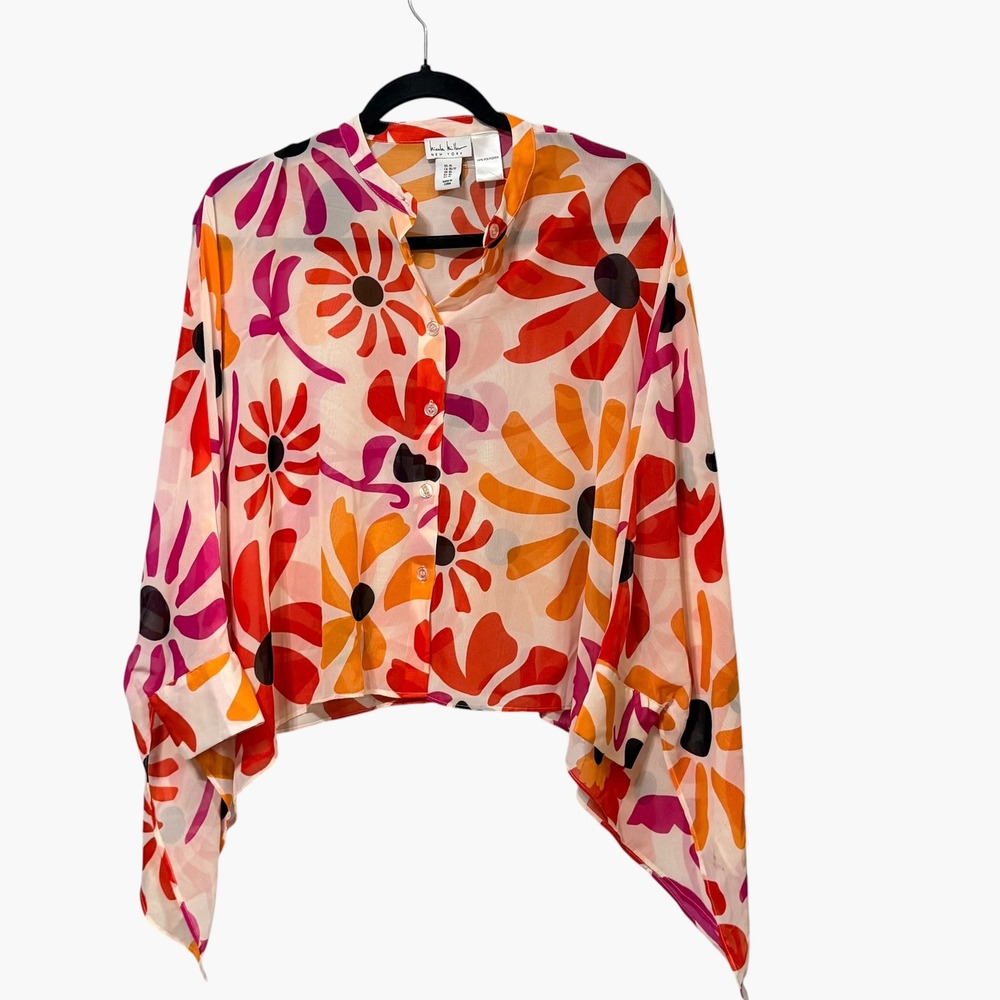 Nicole Miller New York Floral Chiffon Handkerchief Hem Blouse Orange Pink XS
